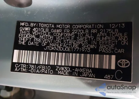 2014 Toyota Prius Three из США, поврежденный, VIN JTDKN3DU0E1771973